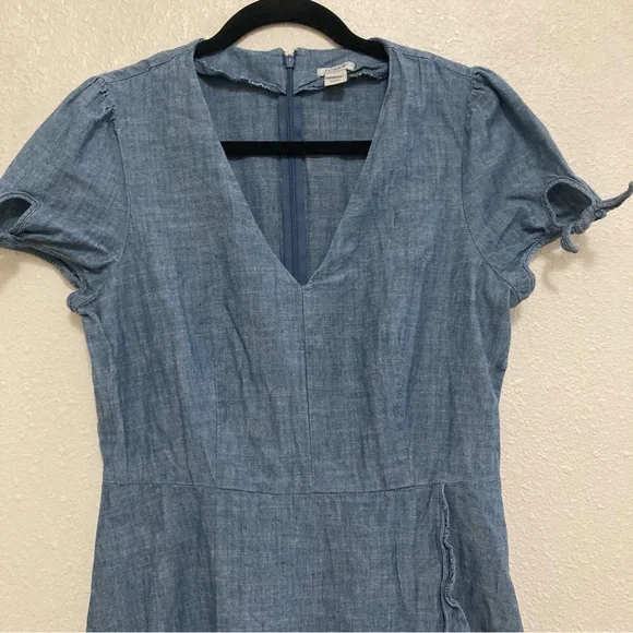 J. Crew Women’s Dress Faux-Wrap Blue Midi Demin A-Line V Neck Tie Sleeve Size 8 - Picture 4 of 16